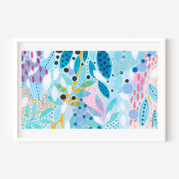 Colorful Abstract Floral Print, Vibrant Botanical Painting of Leaves and Nature, Abstract Pink and Teal Flower Garden, Bright Jungle Ferns