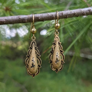 Victorian 14K Gold and Tracery Enamel Drop Earrings Antique