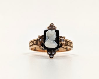 Victorian rose gold cameo ring with seed pearls