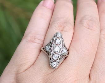 Fabulous Art Deco Platinum and Diamond Filagree Statement Ring Antique