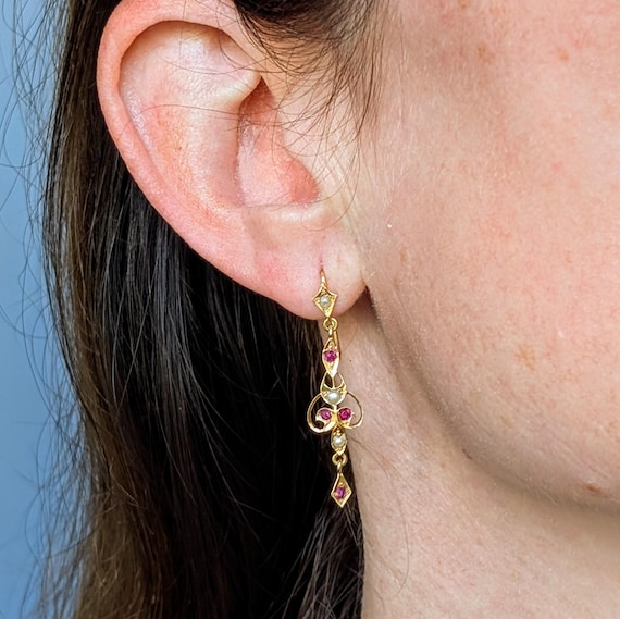 Victorian Ruby and Pearl 15K Solid Gold Dangle Ea… - image 4
