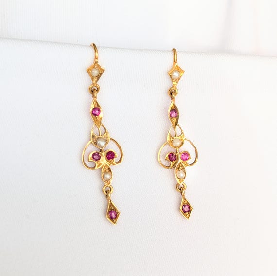 Victorian Ruby and Pearl 15K Solid Gold Dangle Ea… - image 2