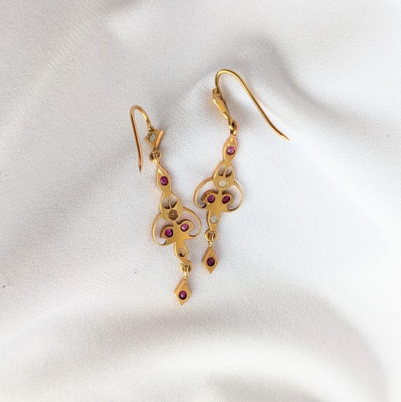 Victorian Ruby and Pearl 15K Solid Gold Dangle Ea… - image 3