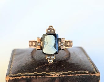 Victorian rose gold cameo ring with seed pearls