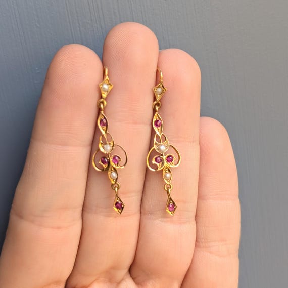 Victorian Ruby and Pearl 15K Solid Gold Dangle Ea… - image 1