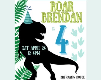 T-Rex Birthday Party Invitation, Dinosaur 4th Bday Invite Personalized