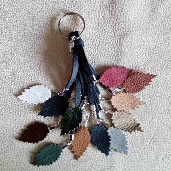 Handmade real leather multicolored autumn leaves keyring. 8