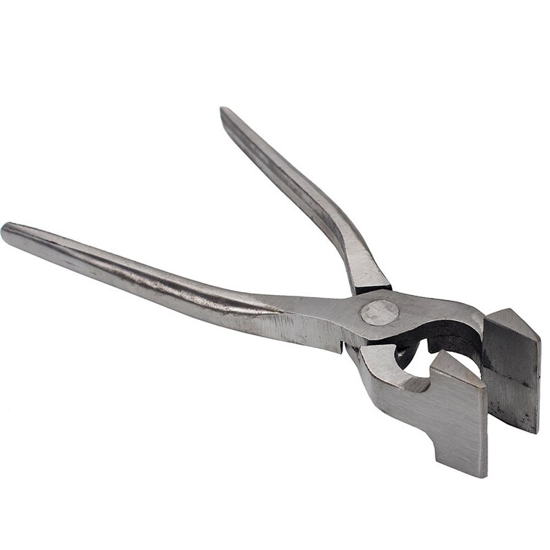 May include: Silver metal pliers with a square jaw, designed for bending and shaping metal.