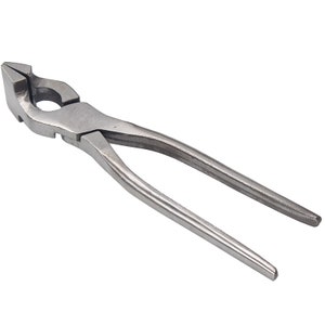 May include: A silver metal pliers tool with a long handle and a curved jaw. The pliers are designed for bending and shaping metal.