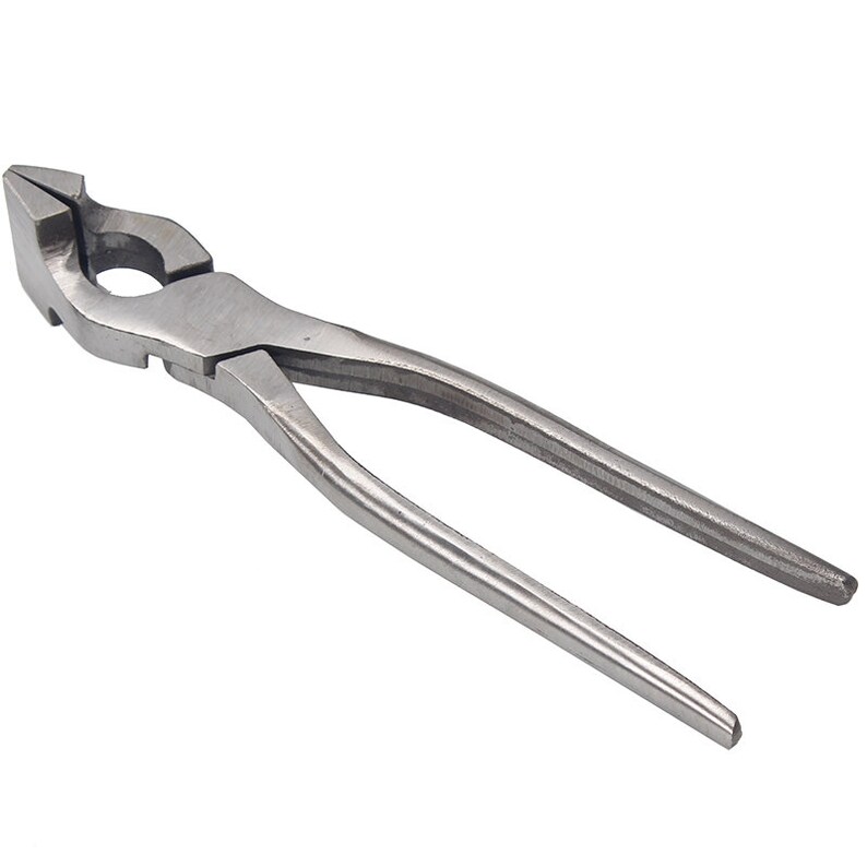 May include: A silver metal pliers tool with a long handle and a curved jaw. The pliers are designed for bending and shaping metal.