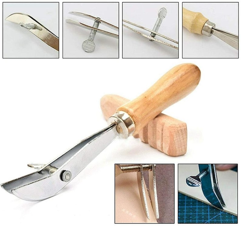 May include: A leather working tool with a wooden handle and a metal blade. The tool is used for scoring and cutting leather. The tool is shown on a wooden surface.