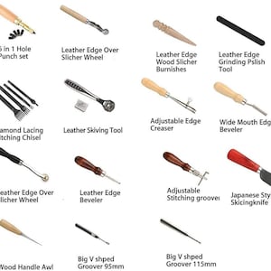 May include: A collection of 14 leather working tools, including a 6-in-1 hole punch set, a leather edge over slicher wheel, a leather skiving tool, a diamond lacing stitching chisel, an adjustable edge creaser, a wide mouth edge beveler, a Japanese style skicing knife, a wood handle awl, and two big V shaped groovers, one 95mm and one 115mm.