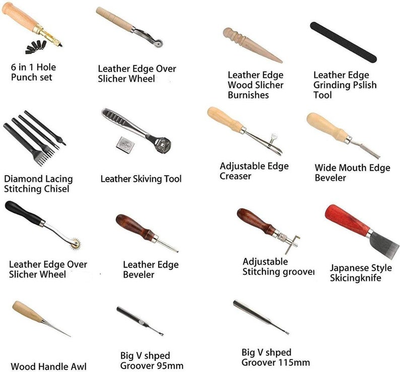 May include: A collection of 14 leather working tools, including a 6-in-1 hole punch set, a leather edge over slicher wheel, a leather skiving tool, a diamond lacing stitching chisel, an adjustable edge creaser, a wide mouth edge beveler, a Japanese style skicing knife, a wood handle awl, and two big V shaped groovers, one 95mm and one 115mm.