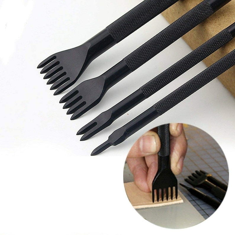 May include: Set of four black leather stitching tools with different sized prongs. The tools are used to create holes in leather for stitching.