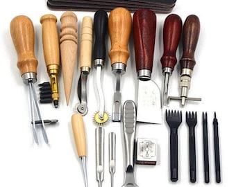 Kit de 18 peças para artesanato em couro, conjunto de ferramentas para costura e trabalhos em couro, incluindo furador, lixador, cortador e ferramenta para fazer ranhuras para iniciantes.