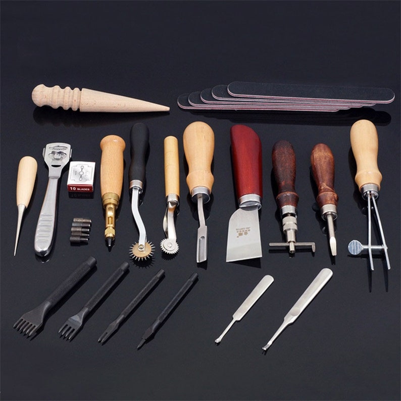 18Pcs Leather Craft Tool Kit, Leatherworking Sewing Stitching Punch Set, Beginner DIY Groover Sanding Cutting Pricking Iron image 2