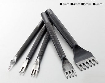 May include: Four leather stitching tools with different sized prongs. The tools are labeled 3mm, 4mm, 5mm, and 6mm.