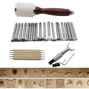 May include: Leather craft tool set with a wooden mallet, 25 metal stamps, 5 wooden tools, and a leather cutting tool. The set also includes a sample of leather with various stamped designs.