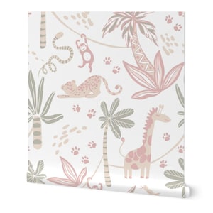 May include: Wallpaper featuring a repeating pattern of jungle animals and plants in muted pink, beige, and gray tones. The design includes a giraffe, a leopard, a monkey, a snake, palm trees, and animal paw prints on a white background.