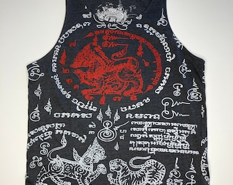 Camiseta sin mangas unisex con tatuaje Thai Sak Yant Rachasri &quot;King of Lions&quot; en color carbón jaspeado