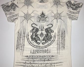 Thai Sak Yant Suea Koo &quot;Twin Tiger&quot; Camiseta con tatuaje Beige Unisex