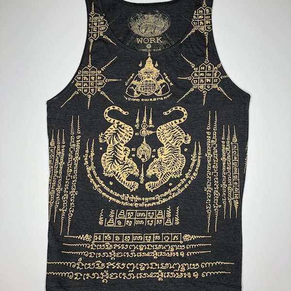 Thai Sak Yant Suae Koo "Twin Tiger" Tattoo Tank Top Charcoal Heather Unisex