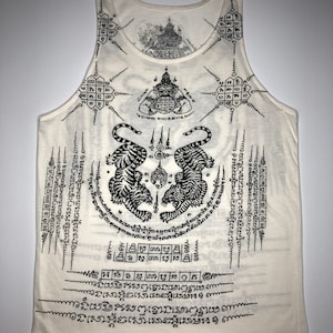 Thai Sak Yant Suea Koo "Twin Tiger" Tattoo Tank Top Beige Unisex