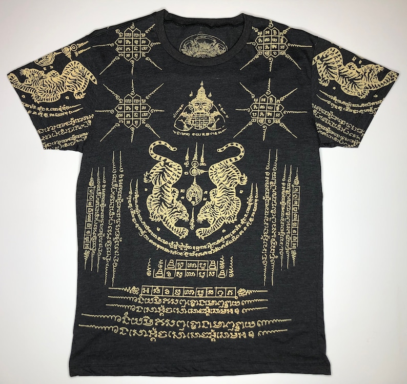 Thai Sak Yant Suea Koo twin Tiger Tattoo T-shirt Charcoal Heather