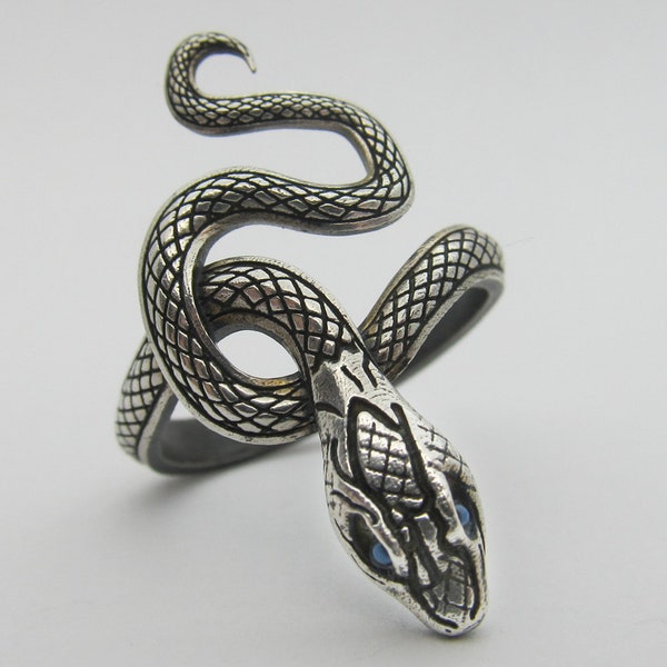 Covetous Silver Serpent Ring - Dark Antiqued Solid Sterling Silver - Enameled Blue Eyes - Souls Series