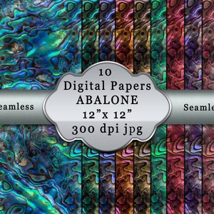 Könnte beinhalten: 10 digitale Papiere mit einem nahtlosen, schillernden Abalone-Muschel-Muster in verschiedenen Blautönen, Grüntönen, Violetttönen und Rottönen. Jedes Papier ist 30,5 cm x 30,5 cm groß und hat 300 dpi.
