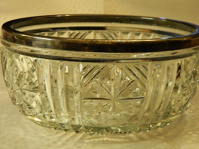 Vintage Lead Crystal Glass Deeply Cut Made In England 8" Bowl Silver Plated Rim.