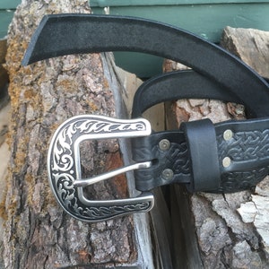 Celtic Pattern Buckle Belt with keeper - 1.5&quot; wide leather with engraved stainless steel buckle