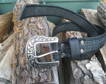 Celtic Pattern Buckle Belt with keeper - 1.5" wide leather with engraved stainless steel buckle