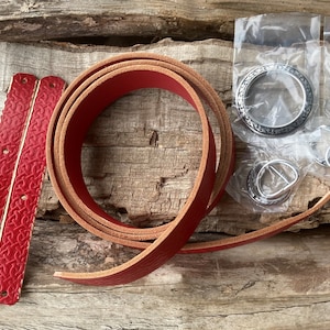 Red Leather Celtic Knotwork Engraved Stainless Steel Ring Belt with tip & matching Skirt Hikes for Ren Faire SCA Medieval