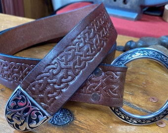 1.5" Dark Brown Celtic Knotwork Belt SCA Medieval Belt - Options for Ring or Buckle, Metals & Tip