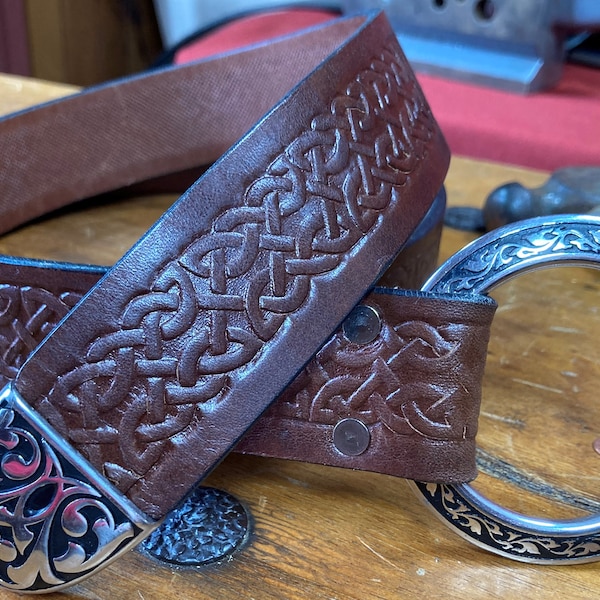 1.5" Dark Brown Celtic Knotwork Belt SCA Medieval Belt - Options for Ring or Buckle, Metals & Tip