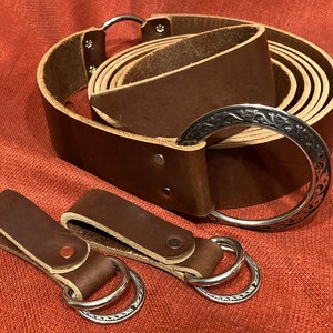 2&quot; Wide Engraved Ring Belt with Accessory ring and matching Engraved Ring Keeper Set for Faire, SCA, Medieval Weddings