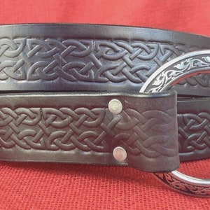 1.5&quot; Black Celtic Knotwork Belt SCA Medieval Belt - Options for Ring or Buckle, Metals & Tip