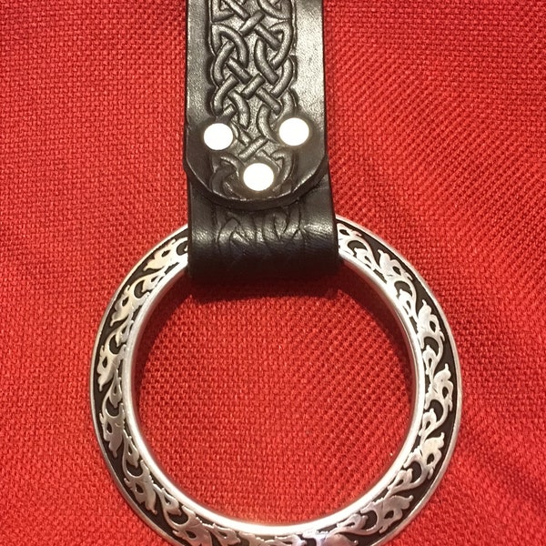 Engraved Stainless or Brass Ring Frog with Celtic Debossed Deep Leather for Tomahawk Frog Hatchet Axe Sword Dagger Hanger SCA Larp Pirate