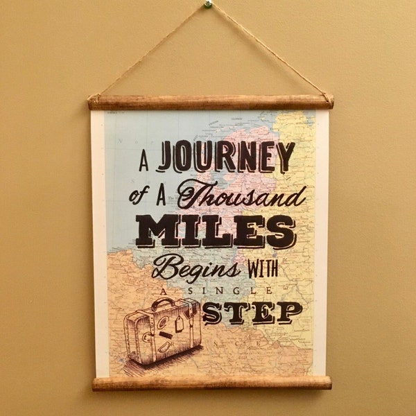 11x14 Hanging 11. A journey of a thousand miles begins with..- hand typography on 1967 high quality atlas poster print -rounded wooden rails