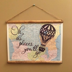 Oh the Places You&#39;ll Go (hot air balloon) Horizontal 11x14 Hanging Atlas Print with Top & Bottom Wooden Rails