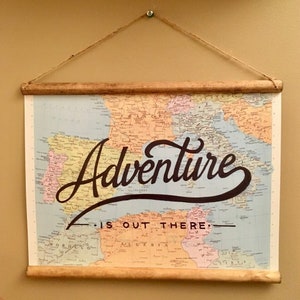 11x14 Hanging 1. Adventure is out there hand typography on 1967 high quality atlas poster print -rounded wooden rails