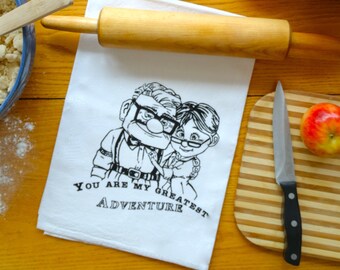 Disney's Up- Adventure awaits Carl & Ellie's love story hand screen printed cotton flour sack kitchen tea towel generous 30 x 30" size white