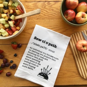 Sewing enthusiast Sew.ci.o.path- screen printed by hand white cotton kitchen towel generous 30x30in durable black ink