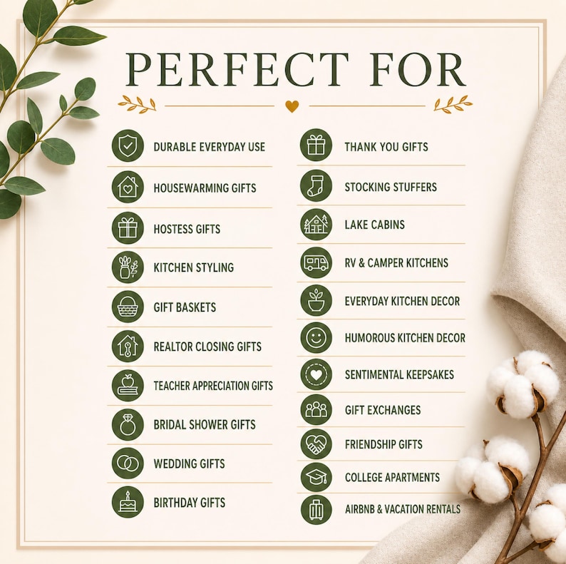 May include: A rectangular informational graphic with the heading PERFECT FOR in dark green text. It features two columns of circular icons with dark green outlines, each paired with text labels like Durable Everyday Use, Housewarming Gifts, and more.