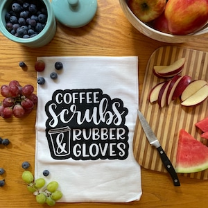 Coffee, Scrubs, & Rubber Gloves medical field screen printed cotton flour sack kitchen towel generous 30 x 30" chemistry theme towel