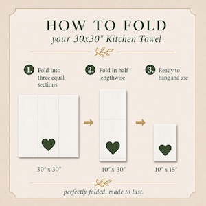 May include: An instructional graphic titled HOW TO FOLD your 30x30" Kitchen Towel. It shows three steps to fold a white towel with a dark green heart icon. The dimensions 30"x30", 10"x30", and 10"x15" are displayed below the folding stages.