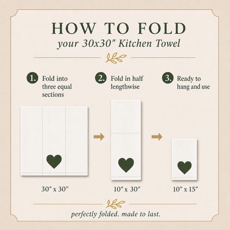 May include: An instructional graphic titled HOW TO FOLD your 30x30" Kitchen Towel. It shows three steps to fold a white towel with a dark green heart icon. The dimensions 30"x30", 10"x30", and 10"x15" are displayed below the folding stages.