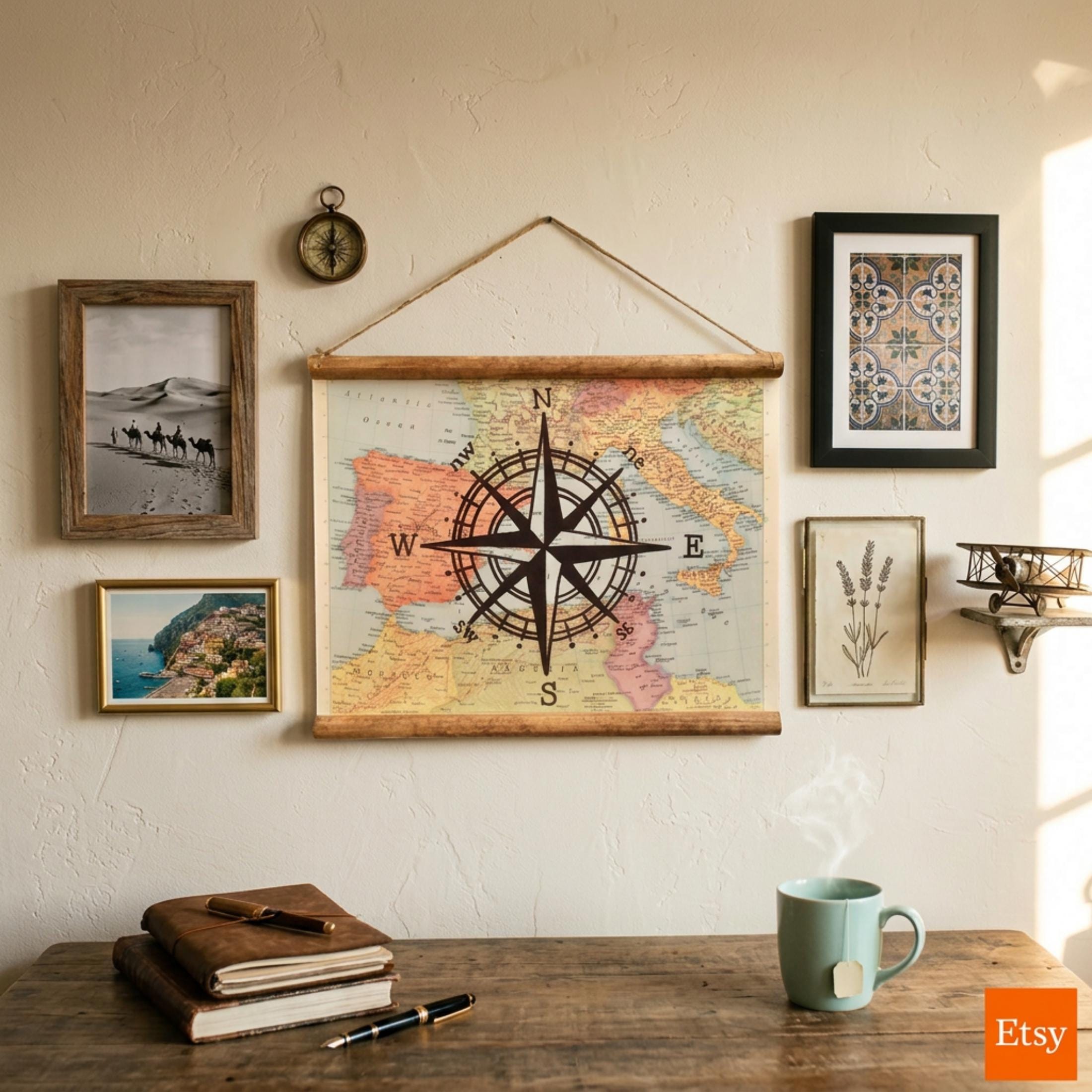 Compass Rose Vintage World Map Wall Art Travel Theme Hanging Wooden ...