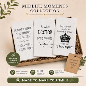 A gift set of three humorous midlife kitchen towels perfect for birthday for her, funny kitchen hostess gift, 40th, 50th, 60th, 70th birthday over the hill milestone party gag gift